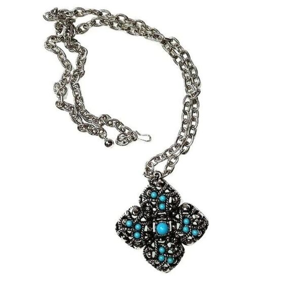 AVON Sierra Cross Necklace 25 Inch Turquoise Blue Silvertone 1970s Vtg - Picture 1 of 3